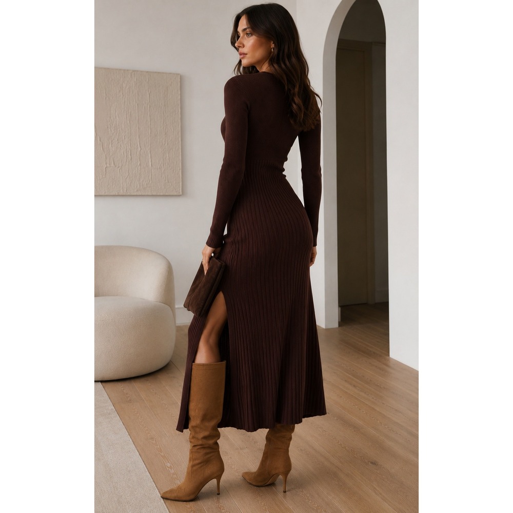 A.L.C. Emmalynn Rib Knit Merino Wool Midi Dress Brown Size Small - Picture 12 of 16